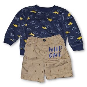 18M Blue Dinosaur Sweater and Tan Shorts